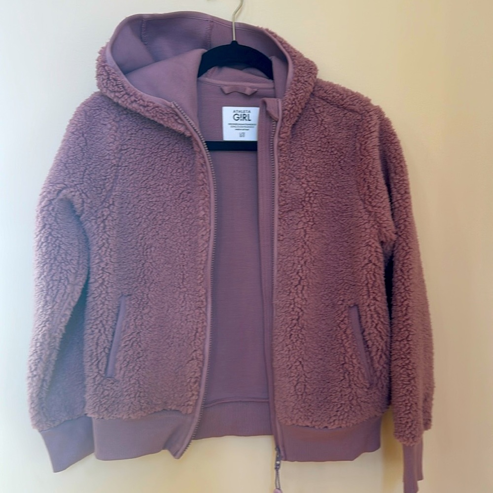 Like New Athleta Girl Size L/12 Heavyweight Sherpa Hooded Zip Up in Purple
